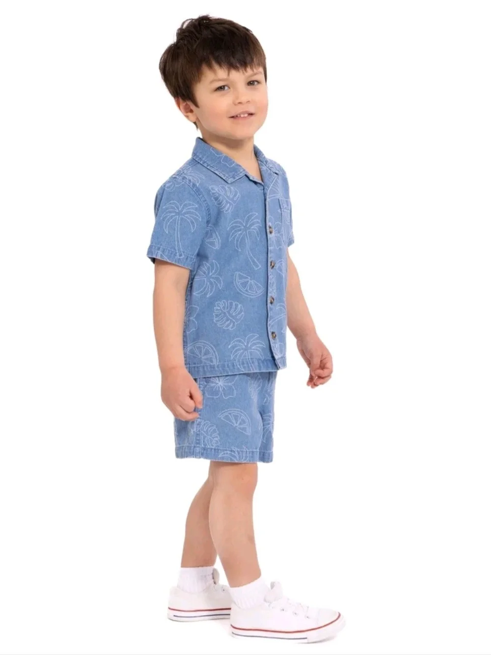 2 Piece Denim Set - Light Blue Button Up Top & Elastic Waist Shorts NWT